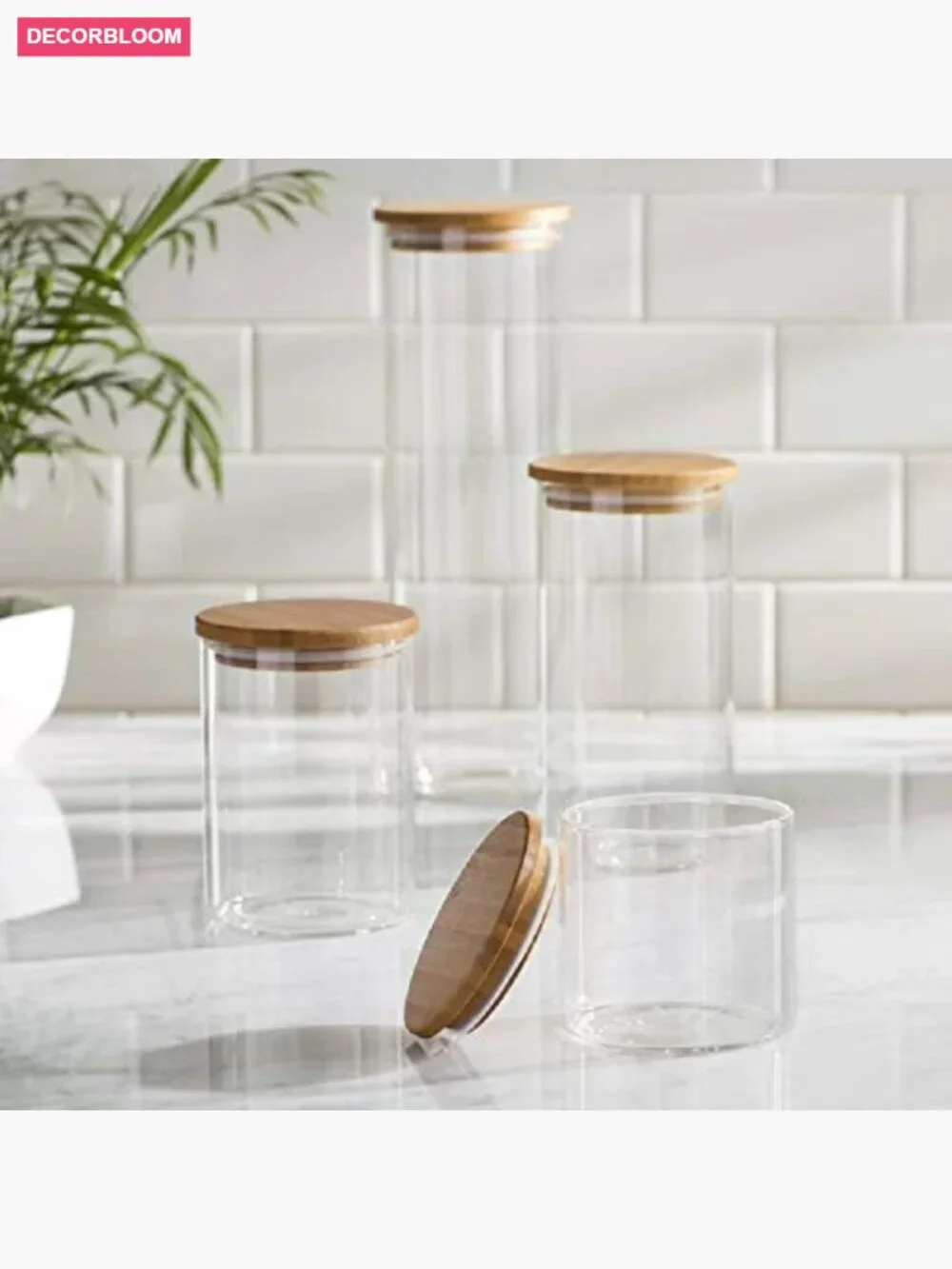 Set of 5 Glass Kitchen Canisters with Airtight Bamboo Lids